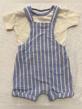 Hanna Andersson Blue & White Striped Shortall with Blue & White Tee Size 12-18M